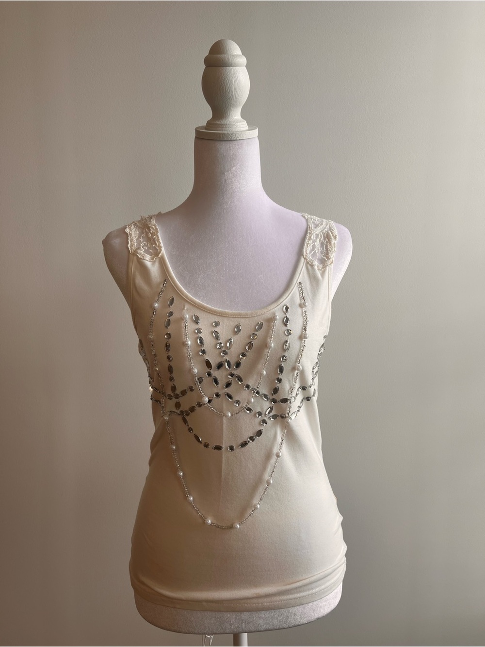 Funhouse Vintage Embellished Cream Lace-Trim Tank Top